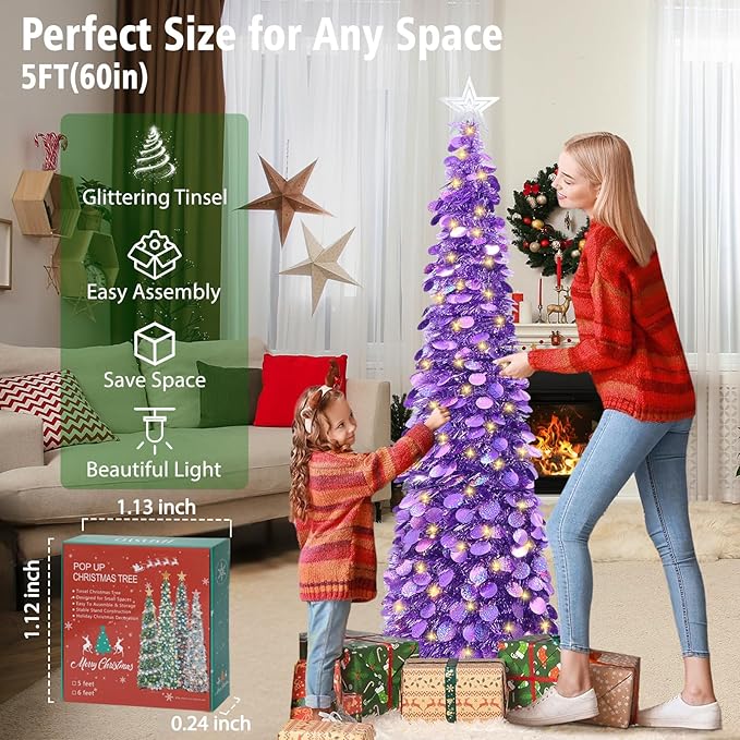 HMASYO 5 FT Pop Up Christmas Tree with Timer Lights, Purple Christmas Tinsel Tree, Collapsible Artificial Pencil Christmas Tree for Indoor Home Apartment Porch Holiday Party Decorations