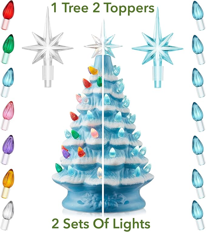 Casafield Hand Painted Ceramic Christmas Tree, Blue Snow Flocked 12-Inch Pre-Lit Tree with 100 Multi Color Lights and 2 Star Toppers
