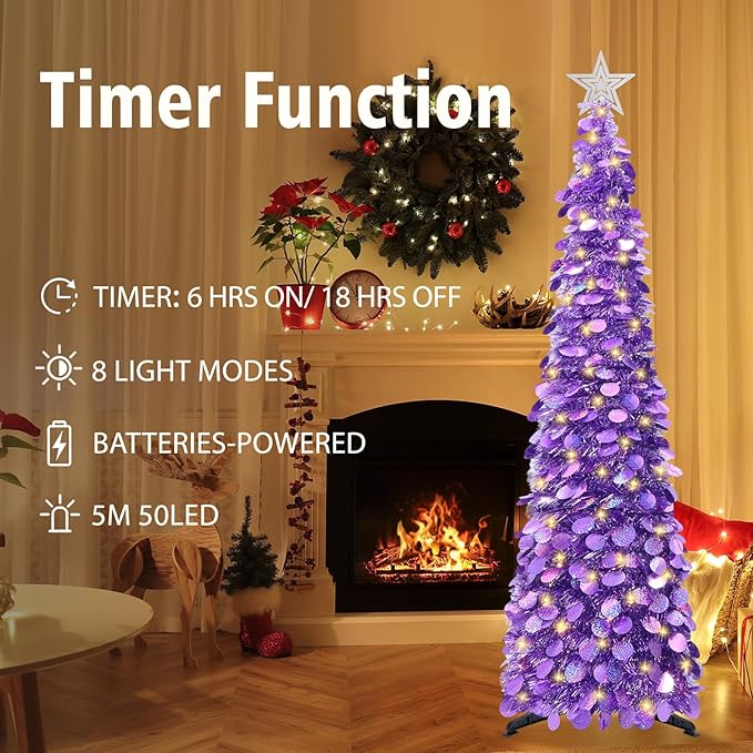 HMASYO 5 FT Pop Up Christmas Tree with Timer Lights, Purple Christmas Tinsel Tree, Collapsible Artificial Pencil Christmas Tree for Indoor Home Apartment Porch Holiday Party Decorations