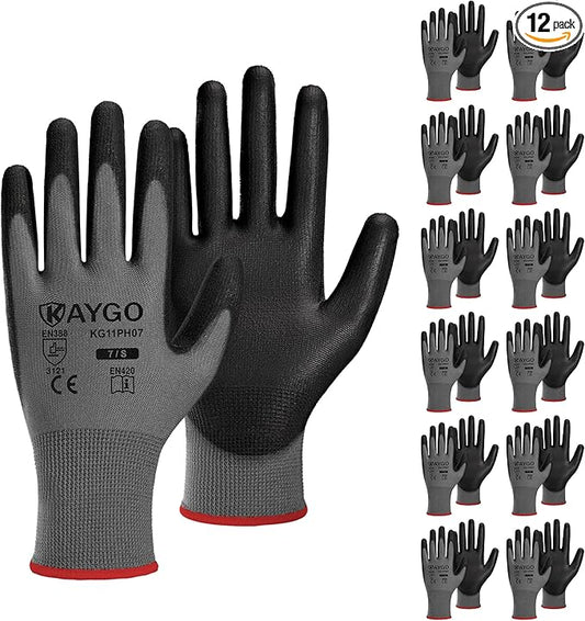KAYGO Safety Work Gloves PU Coated-12 Pairs KG11PB Seamless Knit Glove with Polyurethane Coated Smooth Grip on Palm & Fingers for Men and Women (Small, Gray)