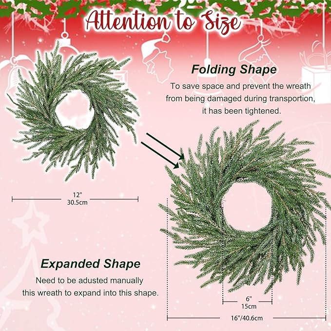Norfolk Pine Wreath, 16 inch Christmas Wreath for Front Door Christmas Door Wreaths Artificial Pine Green Wreath for Wall Window Mantle Indoor Outdoor Christmas Decorations