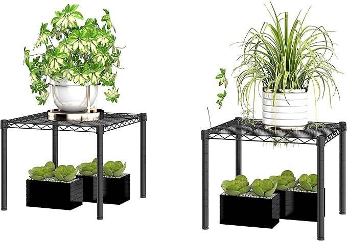 Xiofio 2 Pack Metal Plant Stand for Indoor and Outdoor Plant Shelf, Multi-Functional Adjustable Shelf Plant Stands Flower Stands With hanger rod for Living Room Balcony and Garden,Black