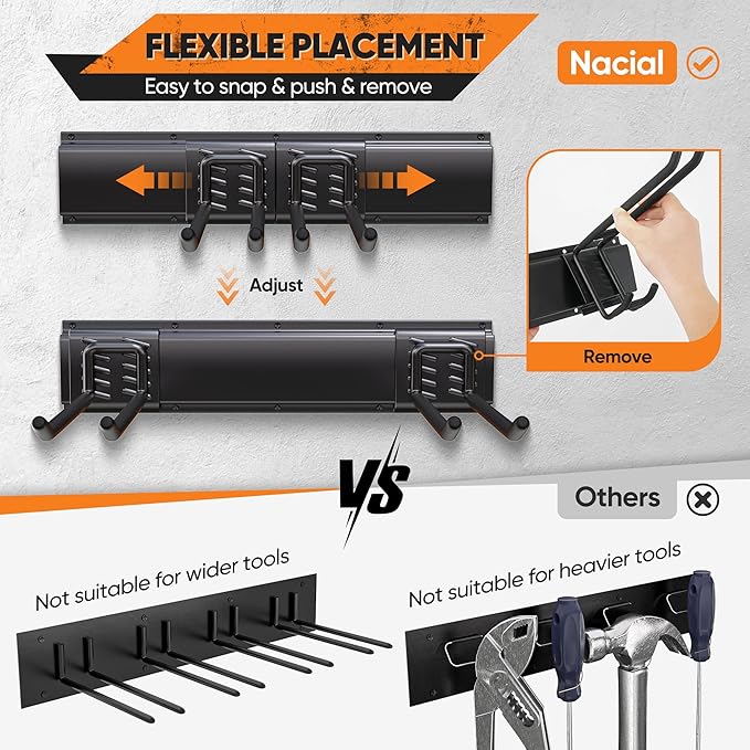 Garden Tool Organizer Wall Mount, 32 inches Tool Storage Rack with Adjustable Hooks, 600lbs Adjustable Heavy Duty Metal Hooks, Yard Shed Rack Holder System Hanging Rake Broom Mop Snowboard, Men Gift