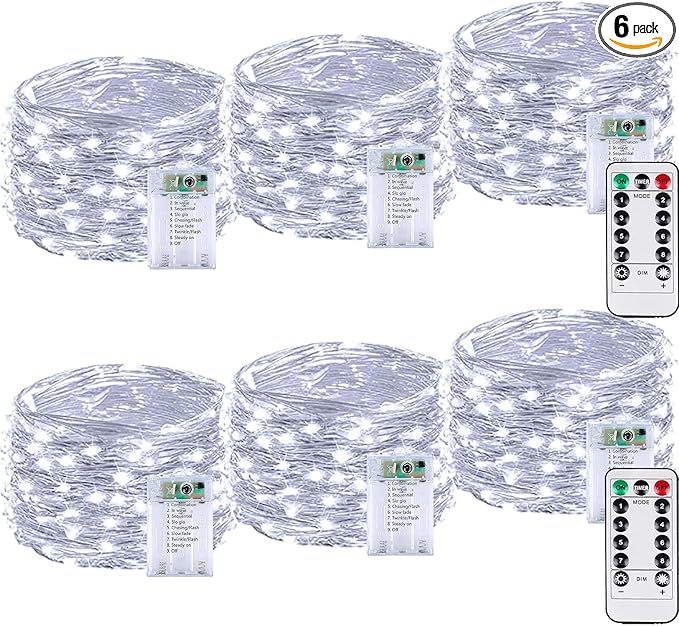 6 Pack 60LED Christmas Battery Operated Fairy Lights with Remote, 8 Modes String Lights with Timer, Dimmable, Memory Function, Waterproof Twinkle Lights for Outdoor Indoor Christmas Decor(Cool White)