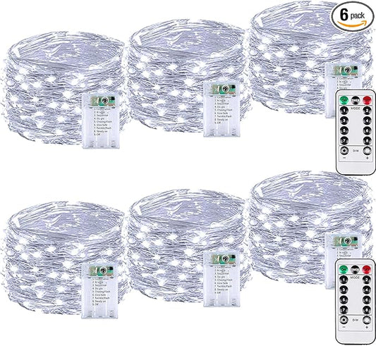 6 Pack 60LED Christmas Battery Operated Fairy Lights with Remote, 8 Modes String Lights with Timer, Dimmable, Memory Function, Waterproof Twinkle Lights for Outdoor Indoor Christmas Decor(Cool White)
