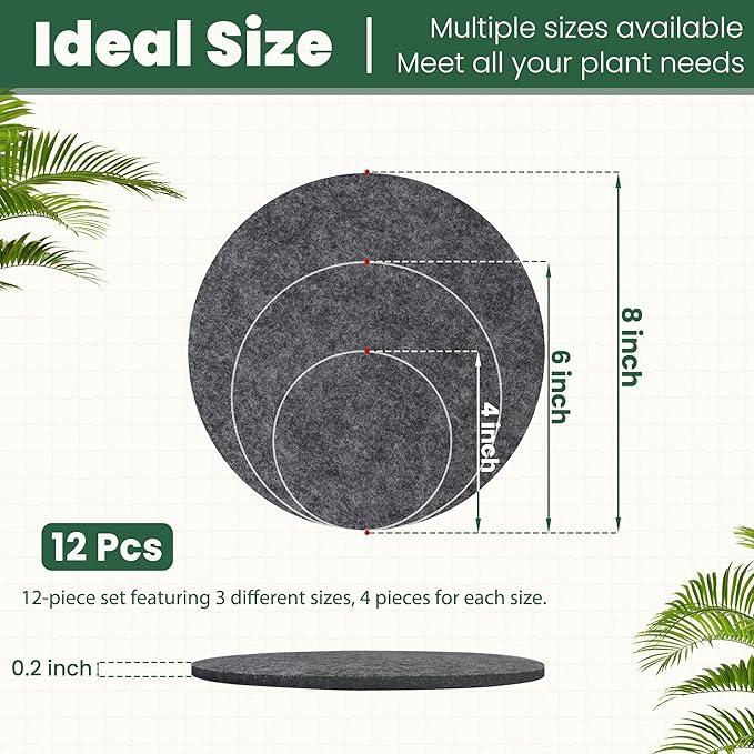 Felt Plant Coasters, 3 Sizes Extra Thick 4/6/8 Inch Planter Coaster, Absorbent Plant Mats, Trivets for Hot Dishes, Plant Coasters for House Plants, 12 Pcs