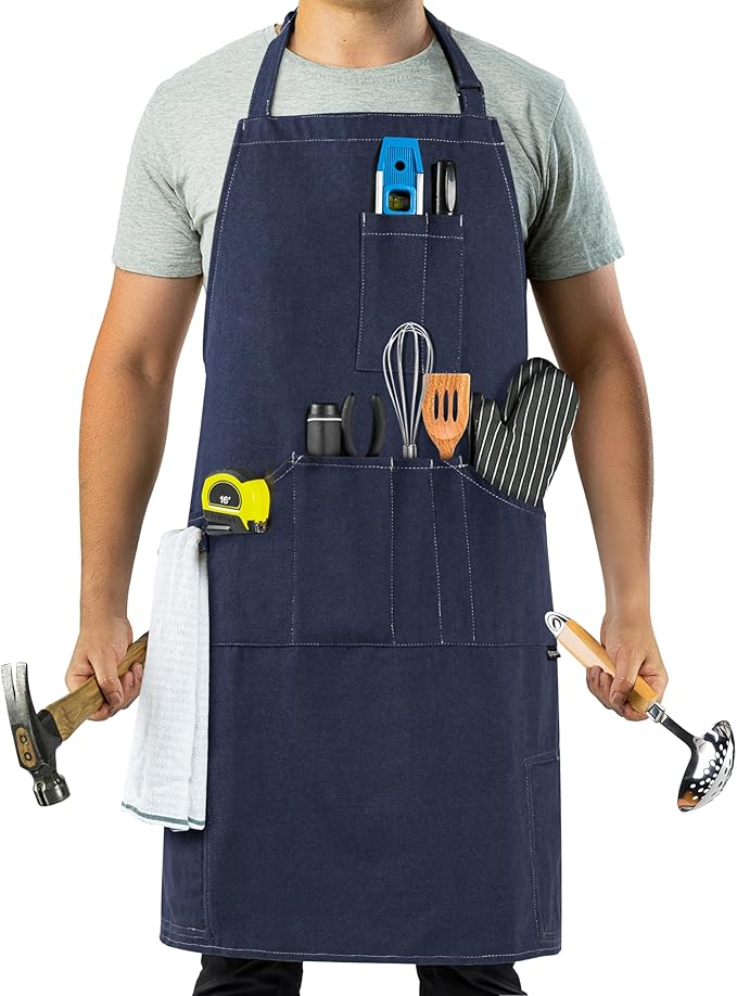 opux Chef Apron for Men, Kitchen Apron with Pockets for Women, Large Unisex Canvas Apron for Cooking Grilling BBQ Baking.