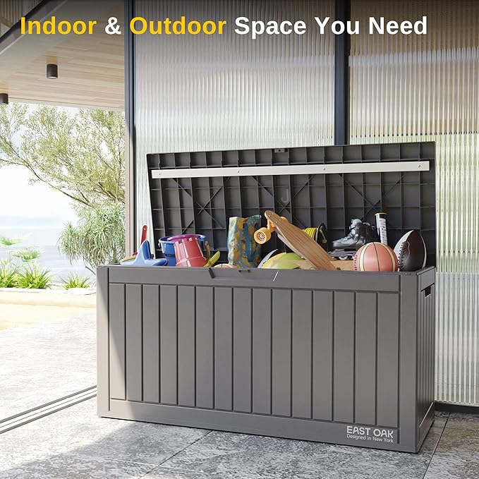 EAST OAK Outdoor Storage Box, 60 Gallon Deck Box Indoor and Outdoor Use, Waterproof Resin Storage Bin for Patio Cushions, Gardening Tools, Lockable, UV Resistant, Grey