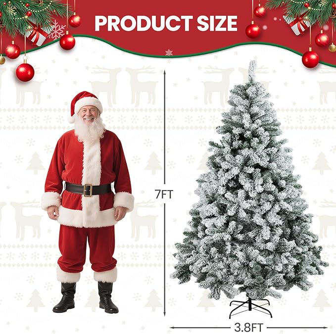 Beyond 7FT Snow Flocked Artificial Full Christmas Tree, Hinged Spruce Christmas Tree with 1300 Branch Tips, Xmas Tree with Metal Stand for Home, Party Decoration, White