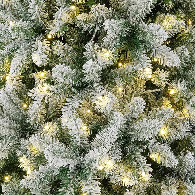 Glitzhome 11ft Pre-Lit Artificial Christmas Tree, Snowy Splendor Fir Hinged Pencil Christmas Tree Holiday Decoration with 950 Warm White Lights and Foldable Metal Stand, Easy Assembly