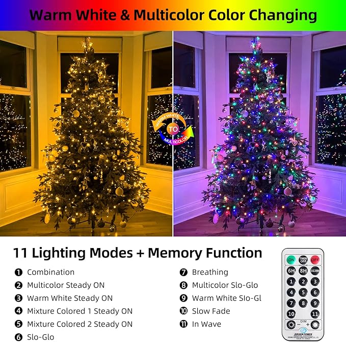 262FT 800 LED Color Changing Christmas Lights Outdoor Indoor, Warm White Multicolor Christmas Tree Lights, Waterproof Fairy String Light Timer Remote, 11 Lighting Modes