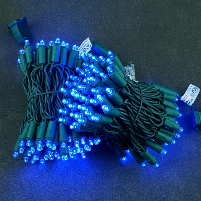 YULETIME Blue Wide Angle LED Christmas Lights 200 Count 50 ft, Pack of 2 Strands 25 ft 100 Lights UL Certified Commercial Grade String Light Set (Blue)