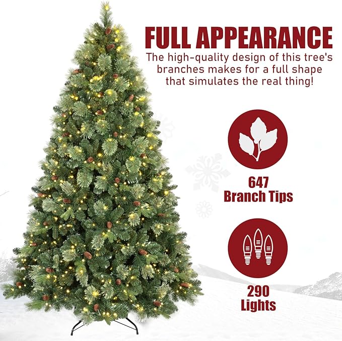 Kadunmina 5ft Prelit Christmas Tree, Artificial Carolina Pine Christmas Tree with 290 Warm White Lights, Pine Cones, 647 Branch Tips and Metal Stand for Home, Office, Holiday Party Decoration