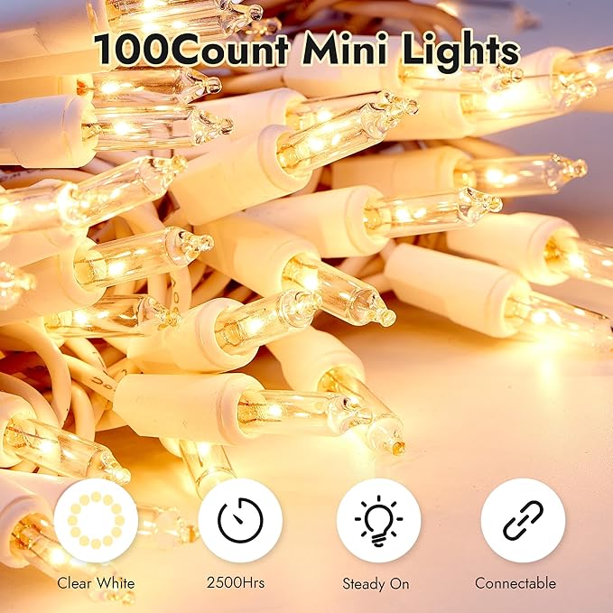 Christmas Lights Clear White 100 Count Incandescent Light UL Certified Connectable Christmas Tree Lights with White Wires for Indoor Outdoor Xmas, Wedding, Holiday, Party, Home Decorations