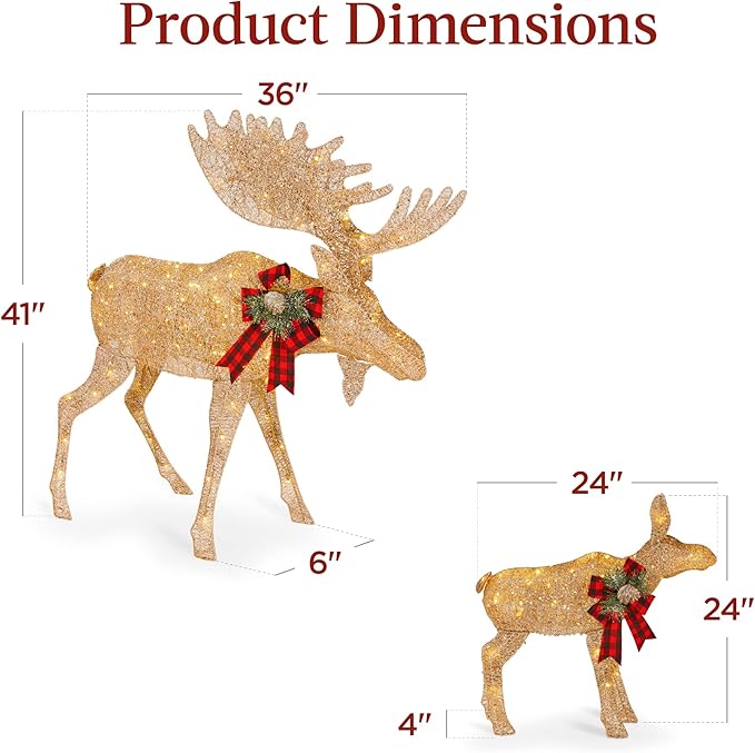 Best Choice Products 2-Piece Moose Family, Lighted Outdoor All-Weather Christmas Yard Decoration Light-Up Décor Set w/ 170 LED Lights, Ground Stakes, Zip Ties - Gold