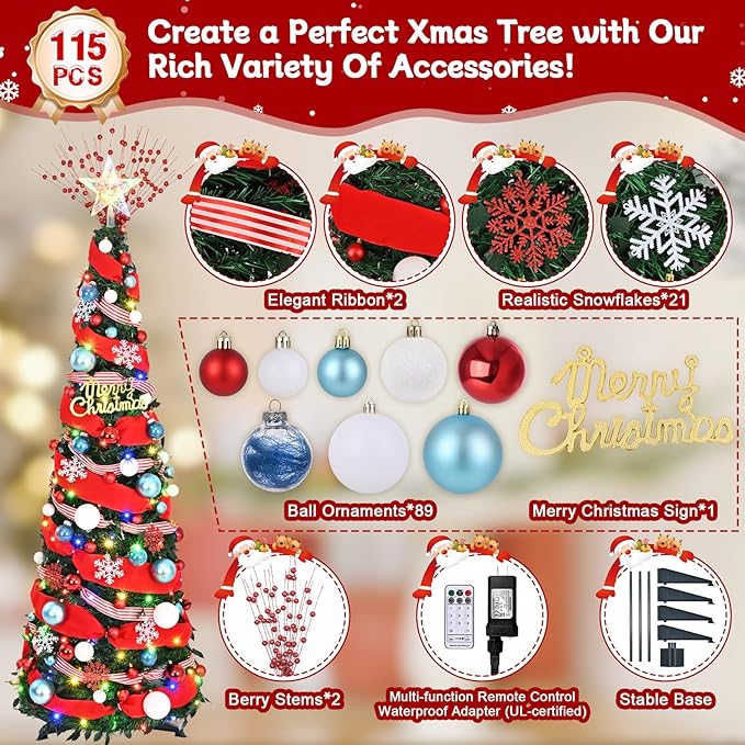 Dolicer 6FT Pop Up Artificial Christmas Tree with Lights & Remote, Collapsible Easy Christmas Tree with 200 Warm White & Colorful LED Lights, Foldable Xmas Tree for Small Space