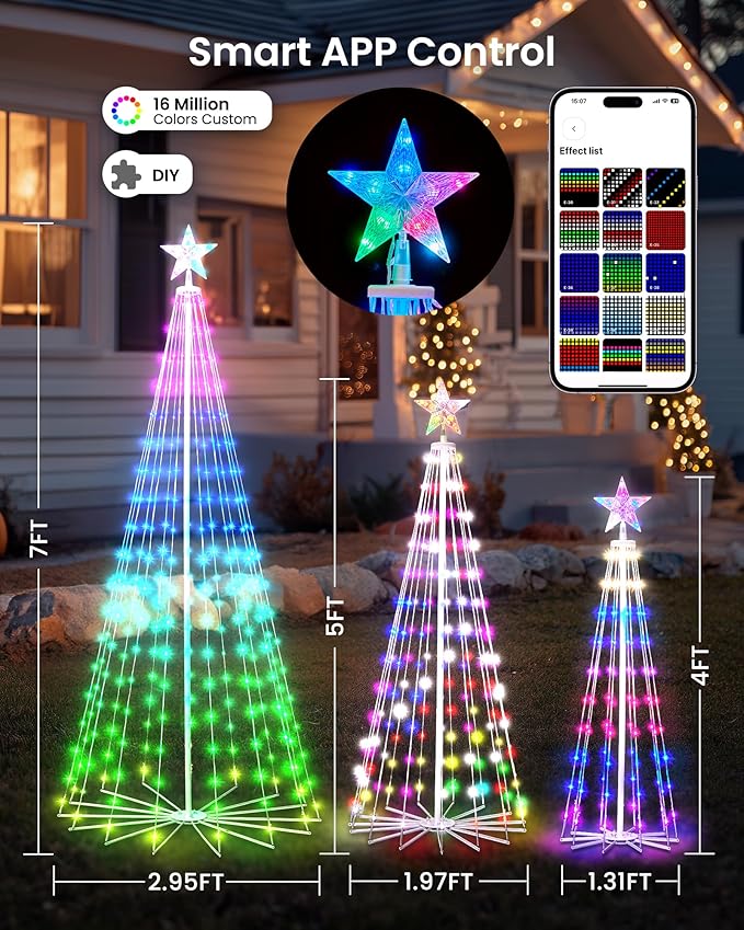 Christmas Cone Tree, 3 Pack 4/5/7FT 110/205/295 LEDs with Smart APP and Local Control, DIY Pattern and Text Displayable, IP65 Waterproof for Indoor Outdoor Decorations