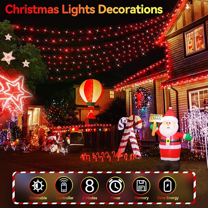 Hezbjiti 1000 LED 403 FT Christmas String Lights Outdoor, 8 Lighting Modes IP44 Waterproof Fairy Lights with Timer and Dimmable Function for Home Party Tree Decorations (Red, Clear Wire)