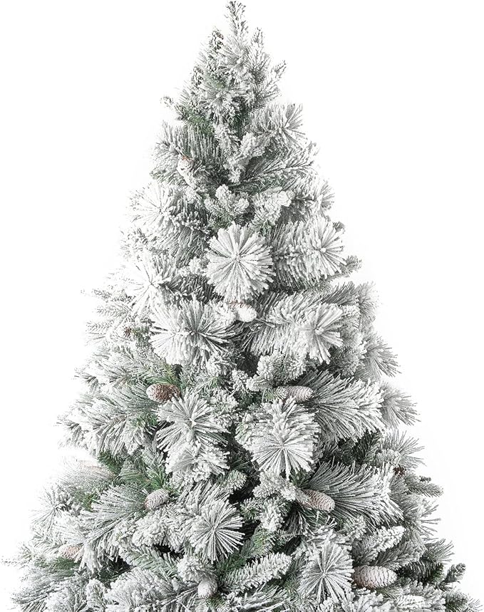 Glasgow 7.5ft Frosted Prelit Artificial Christmas Tree with Pine Cones, Foot Pedal, 1556 Branch Tips, 750 Warm Lights & Metal Stand, 61" Wide Realistic Pine Snow Flocked Christmas Tree with Lights