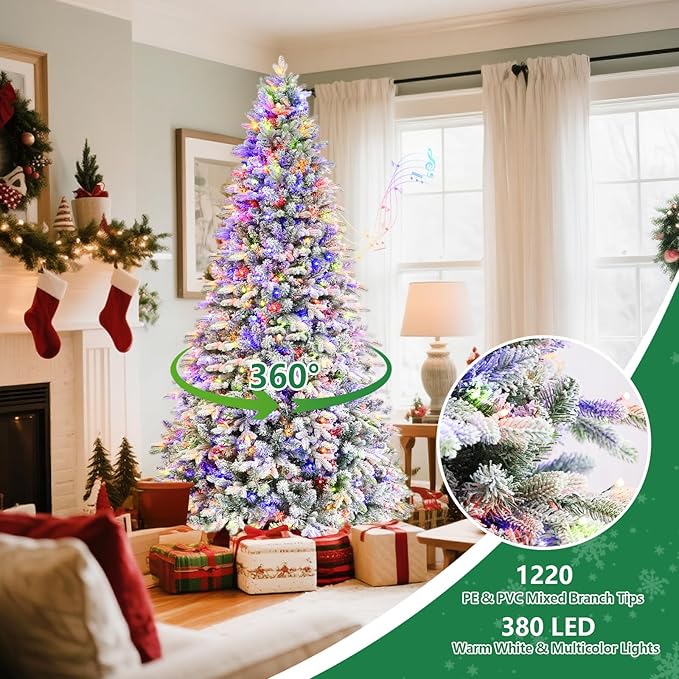 Rotating Flocked Christmas Tree 7ft - Prelit Musical Artificial Xmas Tree with Remote Control, 1220 PE & PVC Mixed Tips, 8 Modes 380 Multicolor LED Lights for Holiday Decor