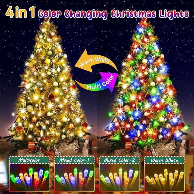 Hezbjiti 403FT 1000LED Color Changing Christmas Lights Outdoor, 11 Modes String Lights IP44 Waterproof Fairy Lights for Party Wedding Tree Decorations (Multicolor to Warm White, Clear Wire)