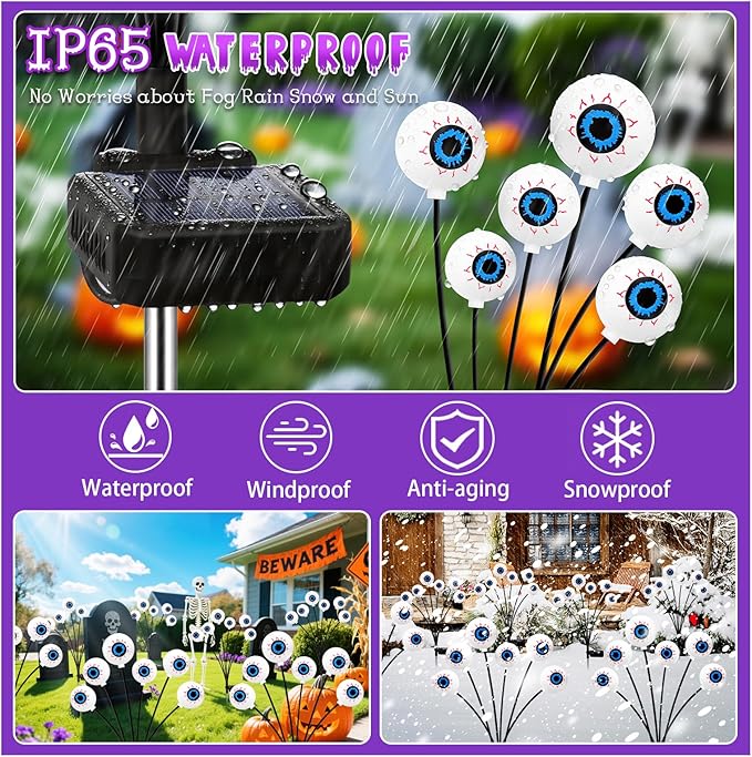 Kohlrabi Halloween Decorations Outdoor, 4 Pack 24 LED Solar Scary Eyeball Swaying Lights, Purple Solar Firefly Light Waterproof Outdoor Garden Lights for Halloween Yard Garden Lawn Party Flower Bed