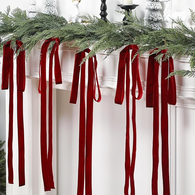 Janinka 12 Pcs Large Velvet Christmas Swag Bow 31.5 x 23.6 inch Rustic Velvet Staircase Wreath Bows Vintage Christmas Tree Topper Bows Large Bow for Outdoor (Wine Red)