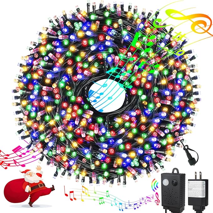 Music Motion Sensor Christmas String Lights 105FT 300 LED，Multicolour Christmas Tree Lights，End to End Plug In 6 Modes Decorative Light, No Timer；Waterproof for Indoor Outdoor Tree Party Decor