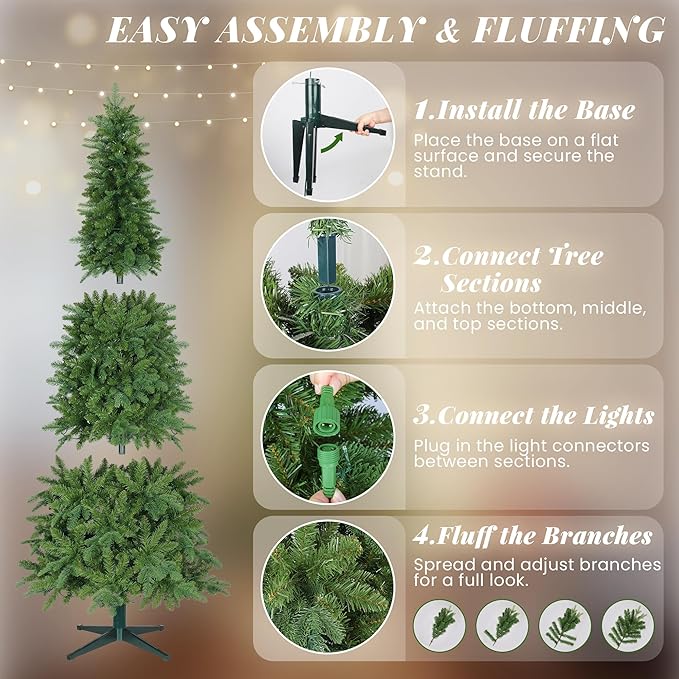 Pre-lit Christmas Christmas Tree, 6.5ft Green Slim Tree with Music Function, Skinny Xmas Holiday Decoration, 340 LEDs, 8 Lighting Modes, Rotating Stand