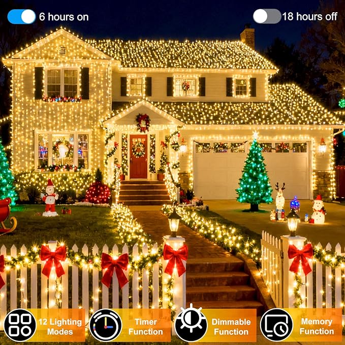 1500 LED 470FT Christmas String Lights, 12 Modes and Timer Memory Dimmable, Plug in Outdoor Waterproof Clear Wire Twinkle Light for for Xmas Yard Tree Wedding Party Halloween Decor (Warm White)