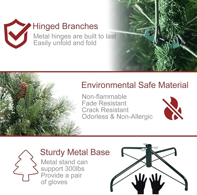 Kadunmina 8ft Prelit Christmas Tree, Artificial Carolina Pine Christmas Tree with 820 Warm White Lights, Pine Cones, 1897 Branch Tips and Metal Stand for Home, Office, Holiday Party Decoration