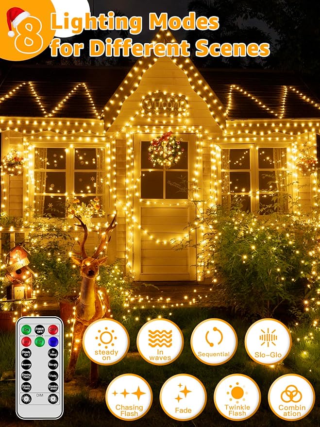 Christmas Lights 1200 LED 394 FT, Waterproof Outdoor String Lights with Remote and Timer, Christmas Tree Lights with 8 Modes Dimmable, Fairy Lights for Holiday Decor (Warm White)