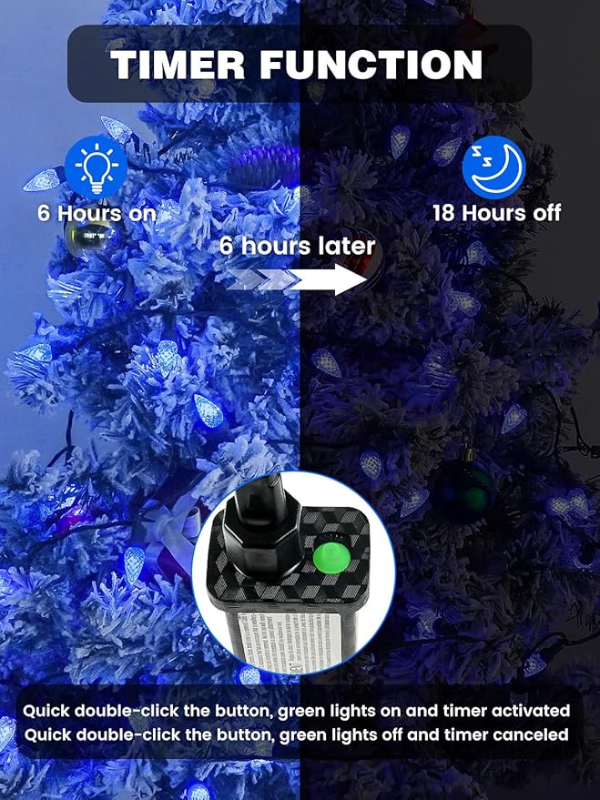 2 Pack C6 Christmas Lights Outdoor Indoor, Total 200 LED 66 FT Connectable Christmas String Lights with Timer & 13 Modes, Waterproof Twinkle Light for Xmas Tree Yards Party Wedding Decorations (Blue)