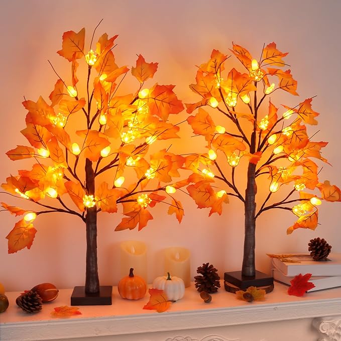 2 Pack 24 Inch Artificial Lighted Maple Tree with 48 LEDs Timer Fall Thanksgiving Decorations Battery Operated Prelit Acorn Maple Tree Lights for Thanksgiving Table Decor Home Indoor Autumn Harvest