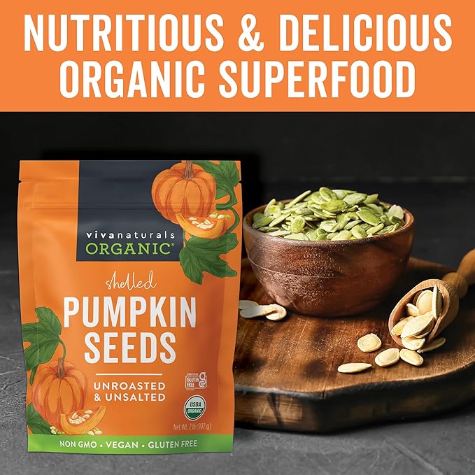 Viva Naturals Organic Pumpkin Seeds, 2 lb (32 oz, 907 g) – Shelled, Unroasted, Unsalted, Non-GMO, Vegan, Good Source of Iron & Dietary Fiber, Perfect for Salads