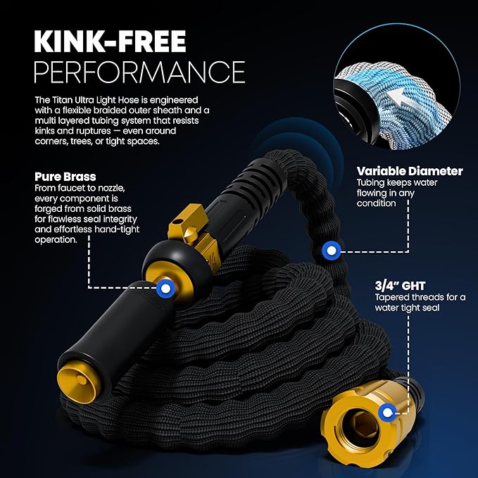 TITAN Flexible Garden Hose 65FT – Ultra Lightweight, Heavy Duty Water Hose with Brass Fittings & Jet Nozzle – Kink-Free, Non-Expanding, Durable Fabric Hose for Yard, Lawn, Car Wash, Outdoor Use