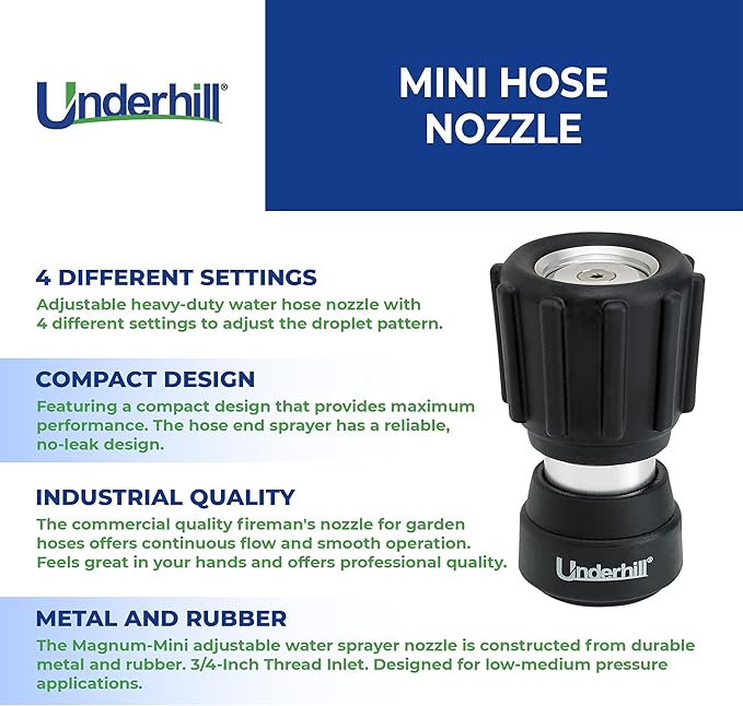 Underhill Magnum-Mini Garden Water Hose Nozzle, Sprayer, 3/4-Inch Thread Inlet, Jet Attachment, Heavy-Duty Metal and Rubber, Adjustable, NG350