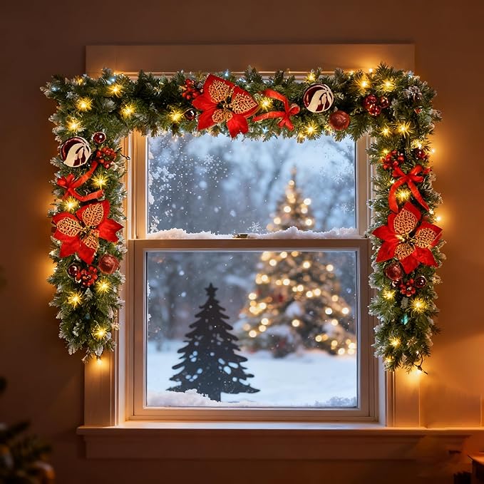 Christmas Garland with Lights, 9FT 30 LED Prelit Christmas Garland for Mantle,Outdoor Indoor Christmas Decorations Garland Battery Operated with Timer, Bows,Flowers,for Stairs,Railing,Fireplace,Door