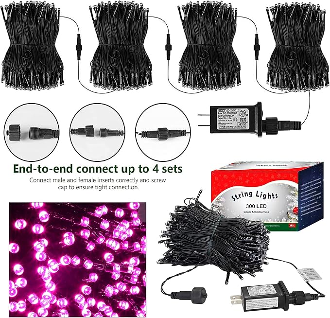 kemooie 300 LED Pink Christmas Lights, 99FT Connectable 8 Twinkle Modes String Lights with Memory Function, Waterproof for Outdoor Indoor Wedding Party Valentine's Day Decoration