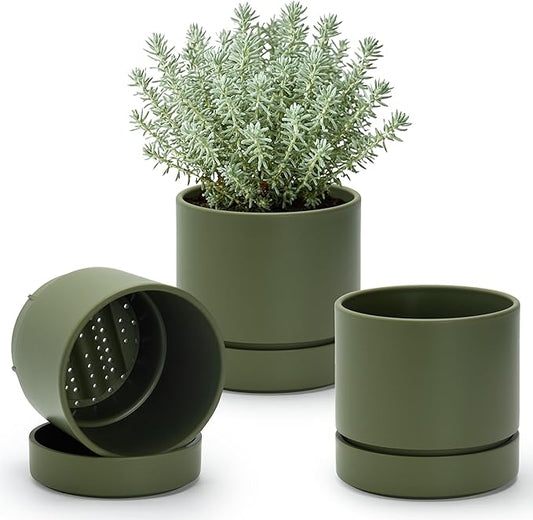 Phoenix Vine 6 Inch Planter Pot with Drainage Hole & Saucer, Deep Water Catch Tray, Straight Cylindrical Round Pot for Plants, Olive, Pack of 3, 23-F-S-3