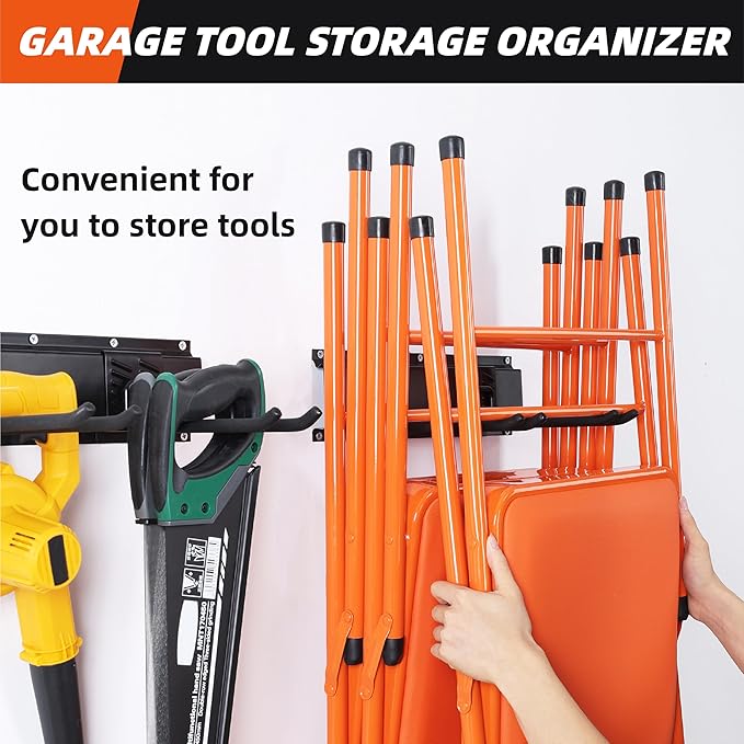 Garage Tool Organizer Wall Mount 48", Garage Wall Organizer 400 lbs, Heavy Duty Garages Organizers and Storage with Adjustable Hooks, Garden Tool Storage Rack for Shovels, Hoses, Ladders