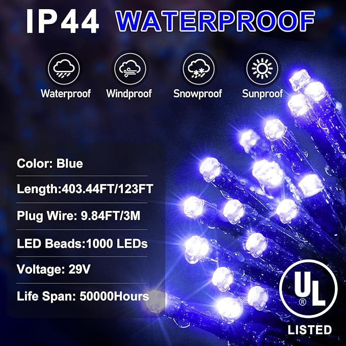 KNONEW 403ft 1000 LED Christmas Lights Outdoor String Light with Remote Control 8 Modes and Timer Memory, Green Wire Waterproof Fairy Lights Decorations for Xmas Tree Wedding Decor (Blue)