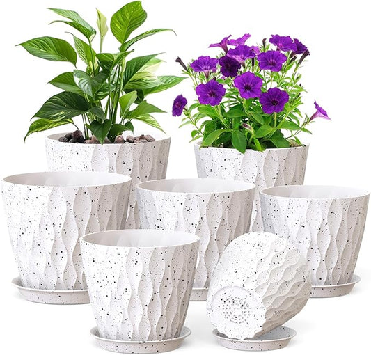 7/6.5/6/5.5/5/4.5/4 inch Plant Pots for Indoor Outdoor Plants, 7 Pack Thick Flower Pots with Drainage Holes and Saucers, Modern Wave Texture Plastic Planters Nursery Pots, Speckled White