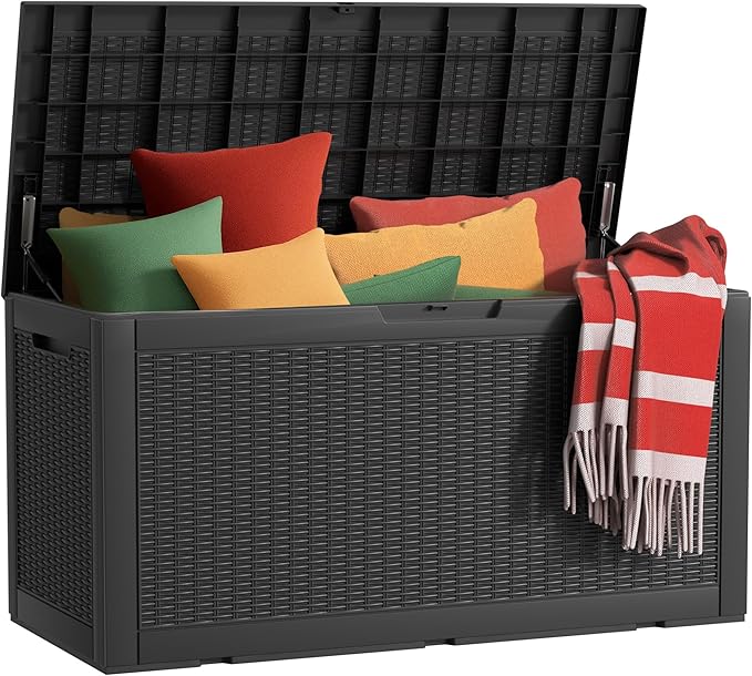 deck box,100-gallon indoor and outdoor storage box made of waterproof and sun-resistant resin material, meeting storage needs for the living room, patio, swimming pool, and toolshed（black）