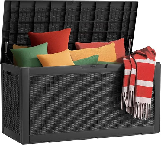 deck box,100-gallon indoor and outdoor storage box made of waterproof and sun-resistant resin material, meeting storage needs for the living room, patio, swimming pool, and toolshed（black）