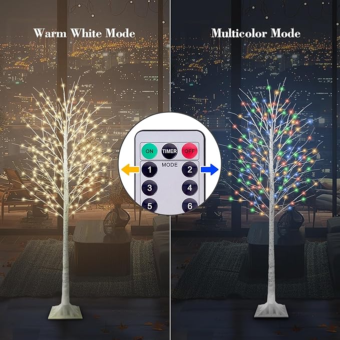 8FT Lighted Birch Tree with 210 LED Warm White and Multicolor Lights, 8 Modes, Timer Remote Faux Prelit Twig Christmas Tree with Lights for Indoor Outdoor Xmas Holiday Party Decoration