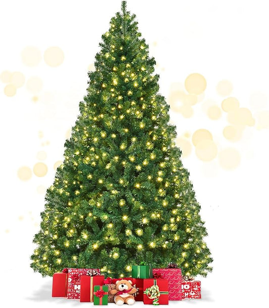 7ft Prelit Christmas Tree, Indoor Xmas Tree w/ 1096 PVC Branch, Pre-Strung 300 Warm White LED Lights & Metal Hinge,Easy Set Up, Artificial Christmas Tree for Home, Holiday, Party Decoration