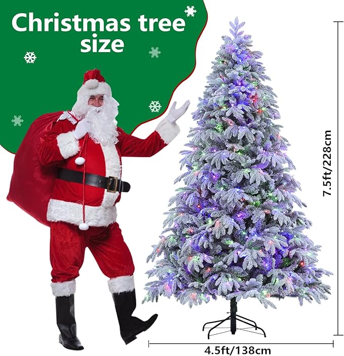 Flocked Spruce Artificial Christmas Tree - 7.5 ft Prelit with 10 Functions Colorful Lights & 2700 Realistic Tips, Firm Metal Stand & 400 Lights, Easy Assembly