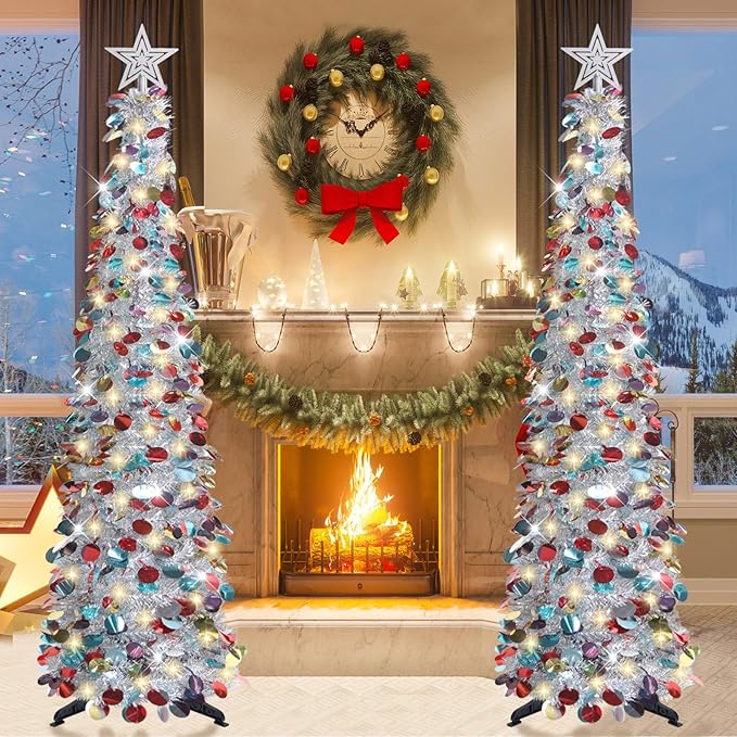 HMASYO 5 FT Pop Up Christmas Tree with Timer Lights, Silver Christmas Tinsel Tree, Collapsible Artificial Pencil Christmas Tree for Indoor Home Apartment Porch Holiday Party Decorations
