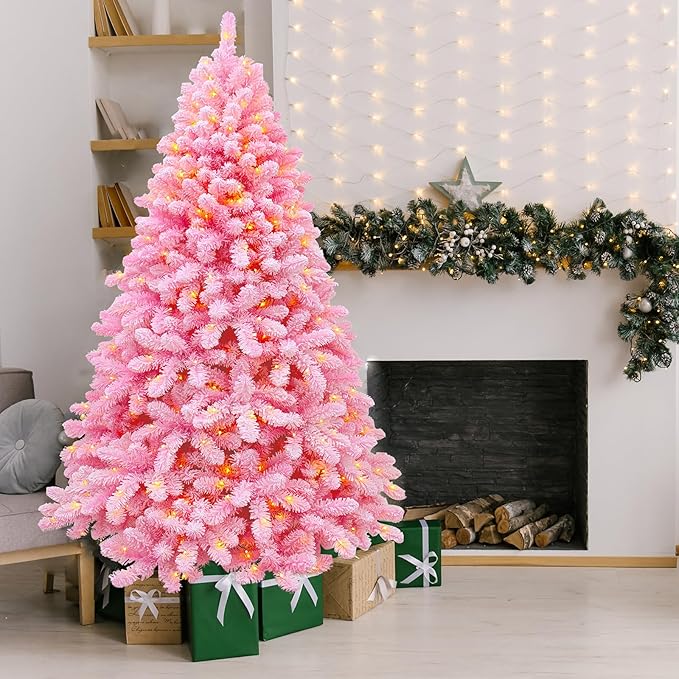 Christmas Tree, 7.5ft Flocked Pink Christmas Tree Prelit with Lights, 10 Functions, 400 Lights, Spruce Artificial Christmas Tree Prelit with Realistic Tips & Sturdy Metal Base Easy Assembly